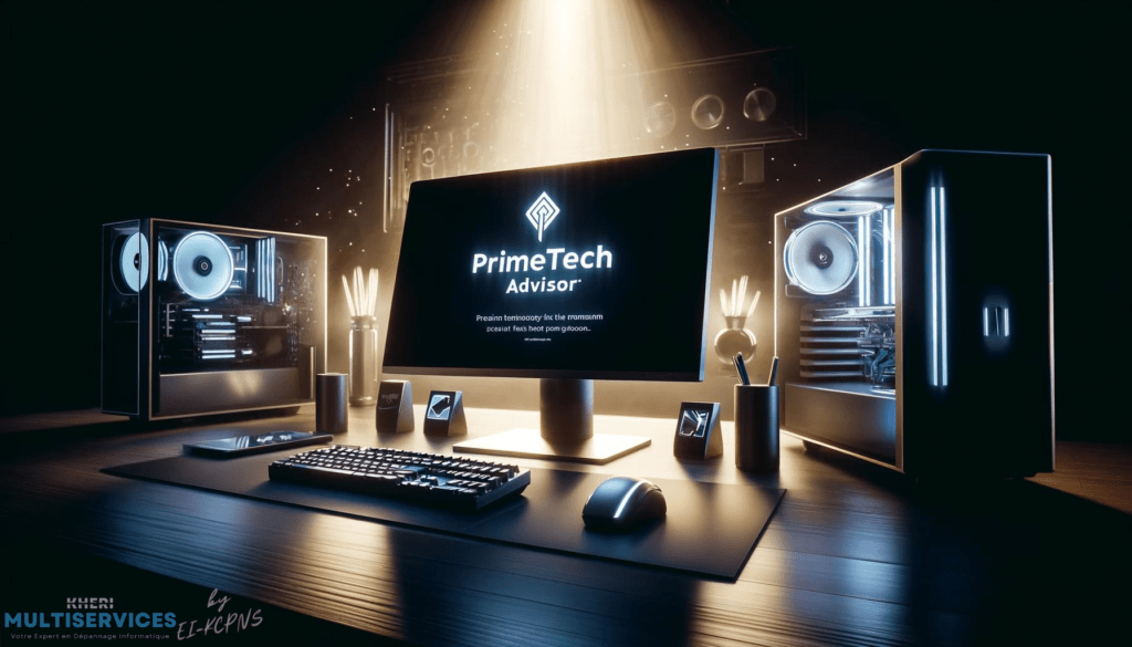 Un bureau moderne avec ordinateur et gadgets high-tech, éclairage ambiant doux, affichant le logo PrimeTech Advisor, symbolisant l'innovation technologique premium.